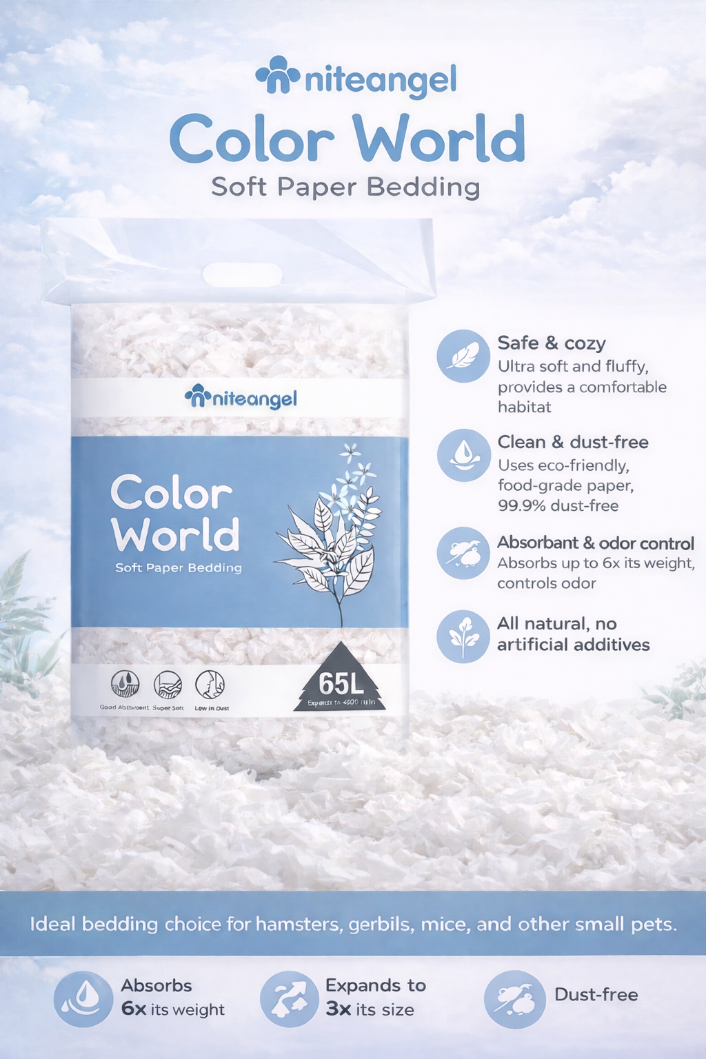 Niteangel Color World Soft Paper Bedding — 65L (Expands to 3x)